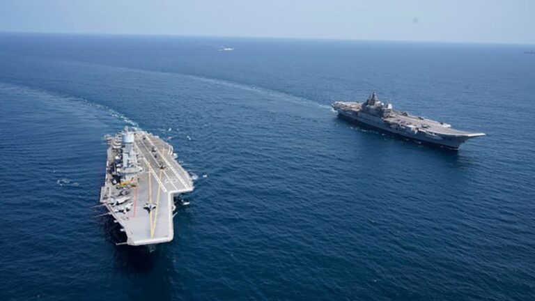 India demonstrates naval strength with dual aircraft carrier exercise