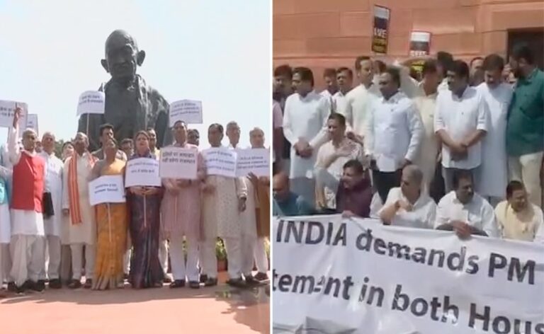 NDA-INDIA Face-off At Parliament’s Gandhi Statue Over Crimes Against Women