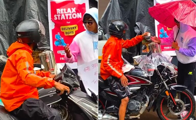 Vlogger Sets Up “Relax Station” For Delivery Agents Amid Heavy Rainfall And Waterlogging
